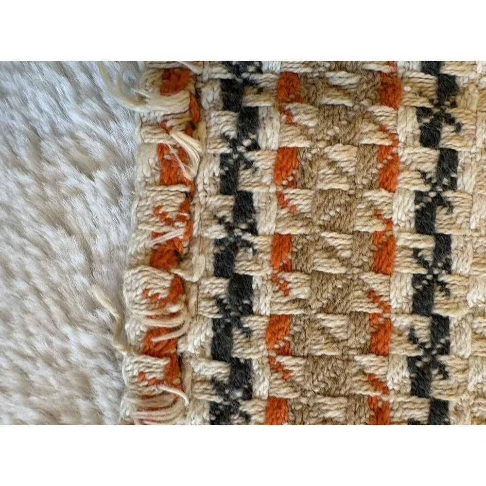 Vintage Woven Remnants Fabric Orange Yellow Green Brown Plaid MCM 2 Pieces